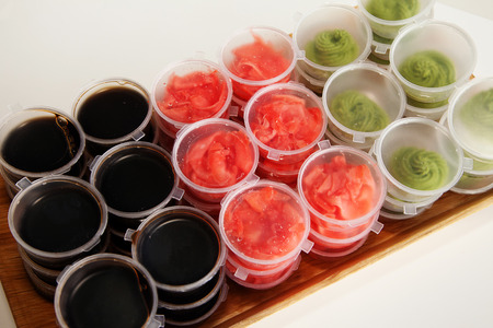 ginger, wasabi, soy sauce for sushi setの写真素材