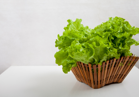 Green lettuce in glass salad bowl on white tableの写真素材