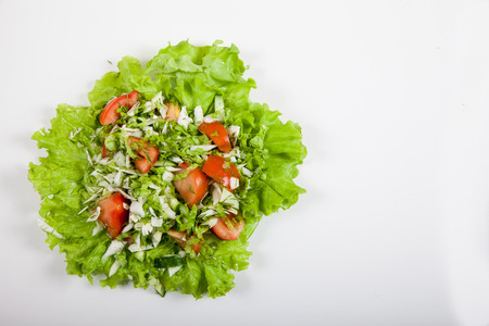 Salad of cucumbers, tomatoes on a white backgroundの写真素材