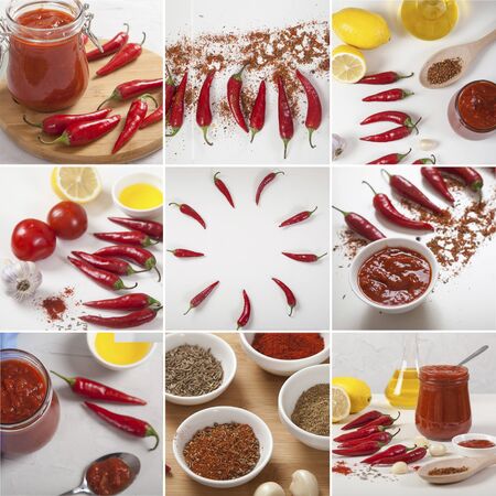 Collage of harissa, spices, spices, peppers, tomatoes on a light background. Seasoning. National cuisineの写真素材