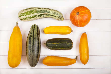 Zucchini and pumpkins are beautifully laid out on a white background. Vegetarian food concept. Flatlayの写真素材