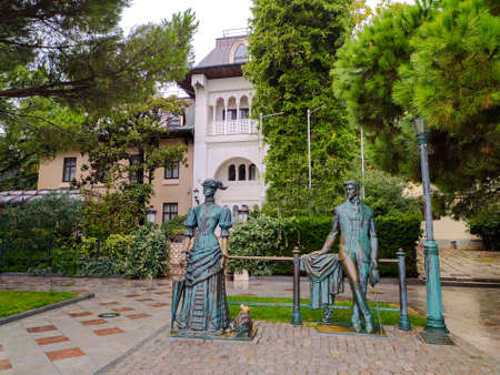 Monument to AP Chekhov and a lady with a dog on the Yalta embankment, next to the villa. Travel across Russia. September 26, 2020. Mobile photo.のeditorial素材