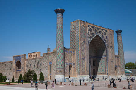 An architectural ensemble on Registan Square in Samarkand in Uzbekistan. Ulugbek madrasah. 04/29/2021のeditorial素材