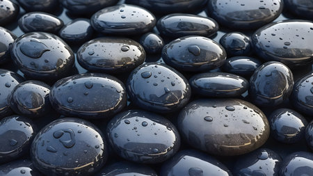 Wet black pebbles with water drops as background, top viewの素材
