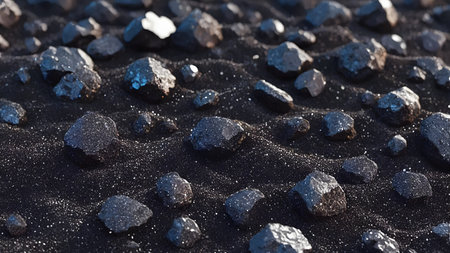 Close-up of black volcanic sand with many small stones in itの素材
