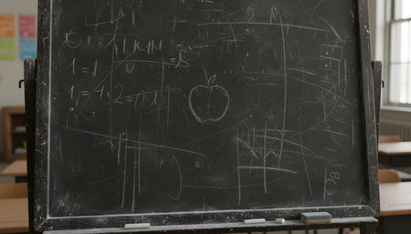 Blackboard with chalk and apple in classroom. Back to school conceptの素材