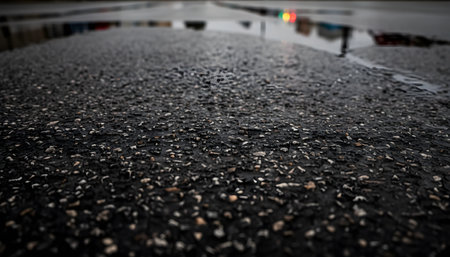 Rain drops on a wet asphalt surface with blurred background. Selective focus.の素材