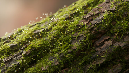 moss on a tree bark with dew drops in the morningの素材