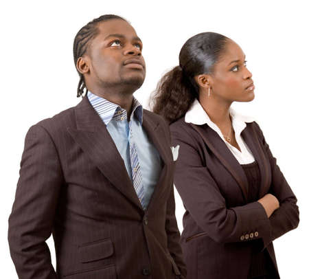 This is an image of a businessman and businesswomen pondering/thinking. This image can be used to represent の写真素材
