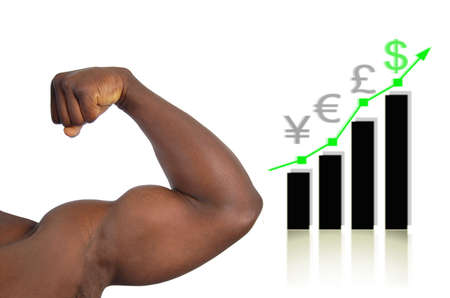 This is an image of a very strong arm (big biceps) with a graph in the background to represent strong の写真素材