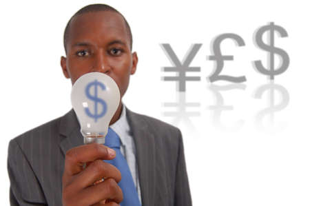 This is an image of a businessman with a money making idea.の写真素材
