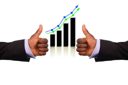 This is an image of two business hands representing "Double Success Profits".This is indicated by the ok gesture and the rise in the graph.の写真素材