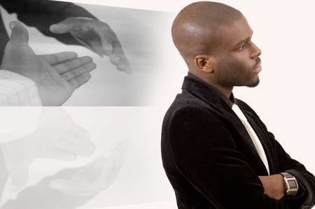 This is an image of businessman pondering he has turned his back on a possible business deal. Image represent "Turning your back on the deal" or "Forgotten Deal"の写真素材