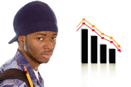 This is an image of student with a dropping graph in the background.