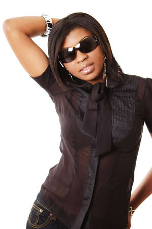 This is an image of a woman doing a fashion pose.の写真素材