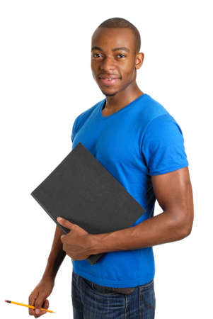 This is an image of a confident male student holding a folder and pencil.の写真素材