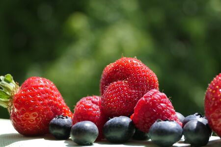 Healthy, naturally ripened, vegetarian and freshly picked berries: strawberries, raspberries and blueberriesの写真素材