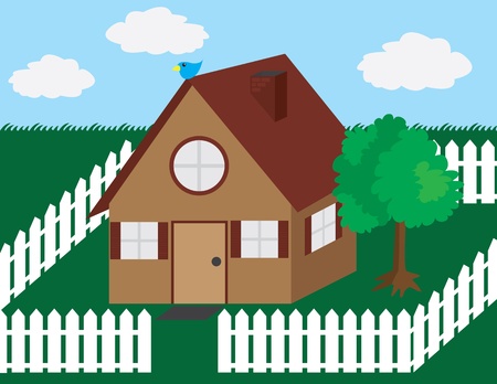 House illustration with picket fence and tree.のイラスト素材