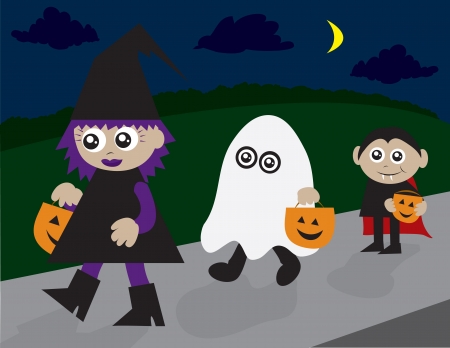 Trick or treaters walking on the sidewalk.  Witch, ghost and vampire.のイラスト素材