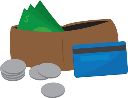 Wallet with money, coins and credit cardのイラスト素材