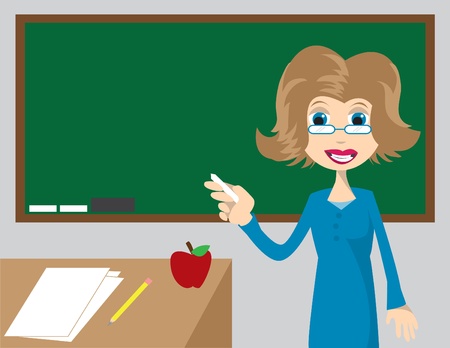 Teacher pointing to blank chalkboard.のイラスト素材