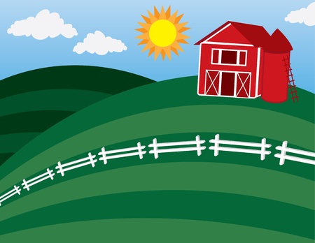 Cartoon barn on a large hill with white fenceのイラスト素材