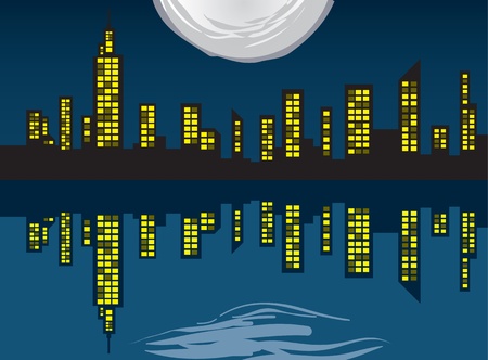 Nighttime city skyline with lighted windows and large moonのイラスト素材