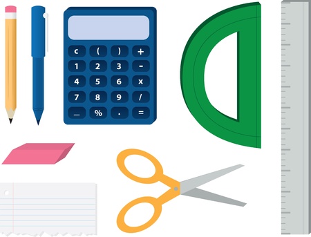 Various school supplies including pen and pencil, calculator, ruler, protractor, paper and scissors.のイラスト素材