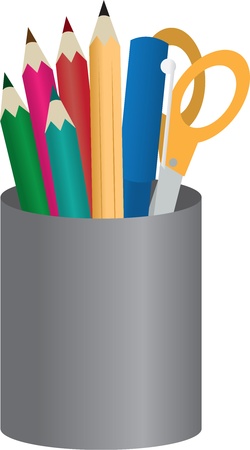 Container with colored pencils, pens and scissors のイラスト素材