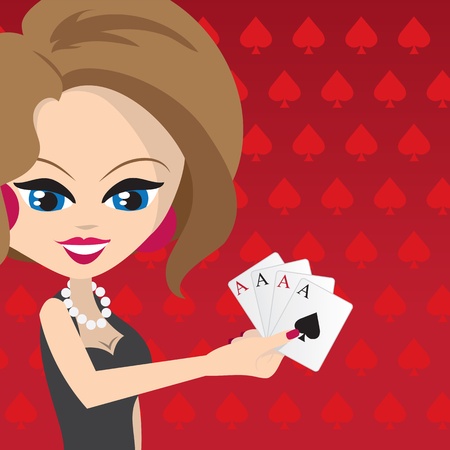Woman holding 4 aces with red spades background. のイラスト素材
