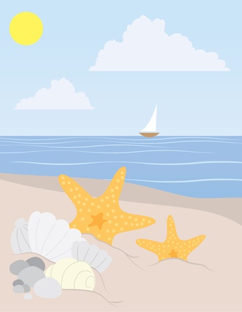 Beach scene with shells and starfish のイラスト素材