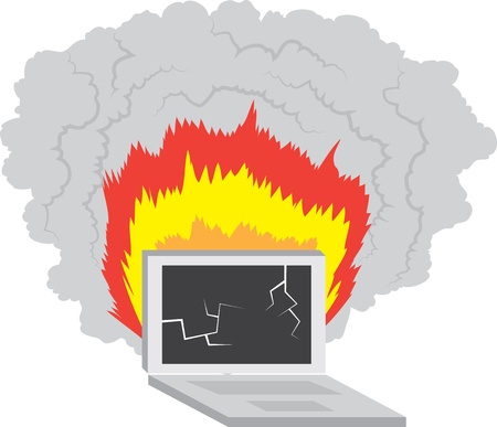 Laptop computer broken and on fire のイラスト素材