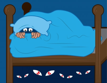 Kid hiding in covers from monsters under the bed. のイラスト素材
