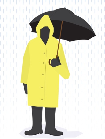 Man standing in raincoat, boots and holding umbrella in the rain. のイラスト素材