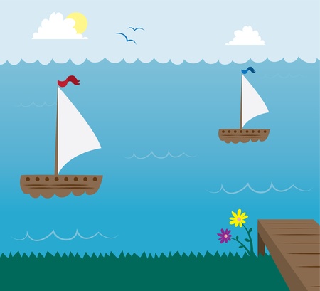 Sail boats in the ocean with deck in foreground のイラスト素材