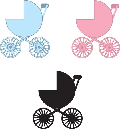 Isolated baby carriages in blue, pink and black silhouette のイラスト素材