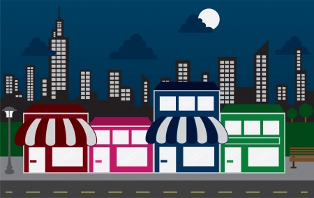 Store front strip mall stores and night city skyline  のイラスト素材