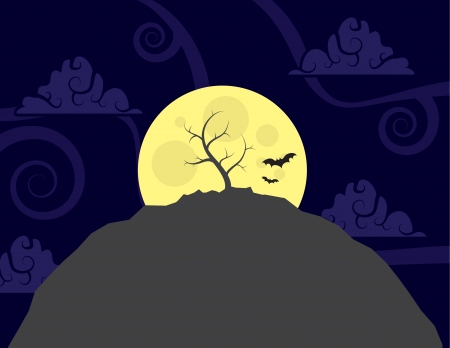 Lone tree on top of a hill in front of the large moon のイラスト素材