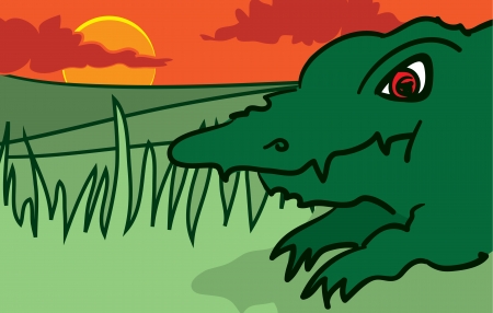 Cartoon Alligator in the grass on a hot day のイラスト素材