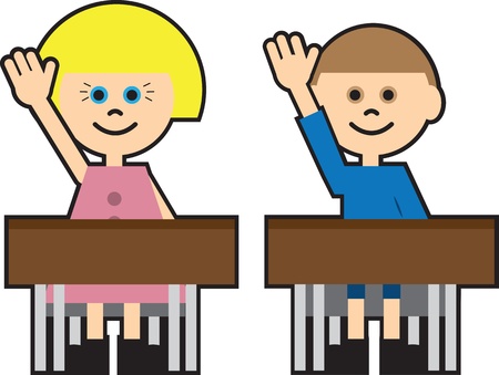 Boy and girl in school raising their hand のイラスト素材