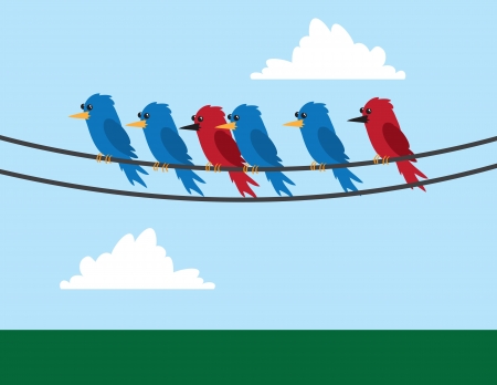 Various birds sitting on wire のイラスト素材