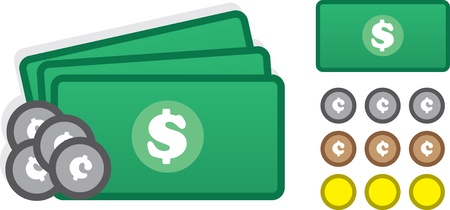 Various money icons including cash and coins のイラスト素材