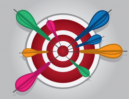 Bullseye with many darts hitting the center のイラスト素材