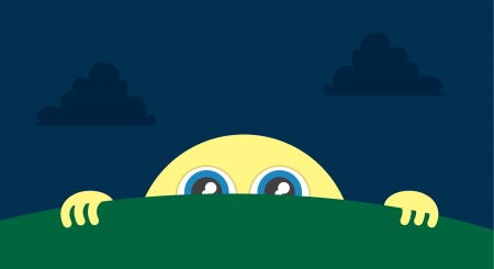 Moon character peeking above the grass のイラスト素材