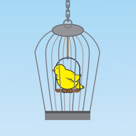 Hanging birdcage with yellow bird inside のイラスト素材