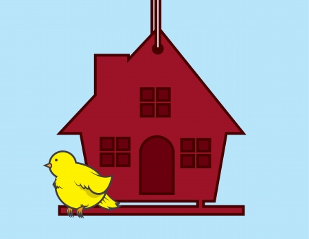 Bird sitting on a red birdhouse のイラスト素材