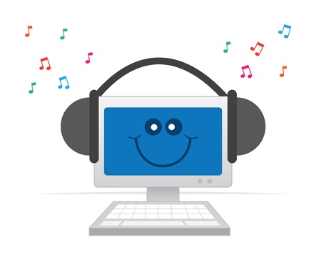 Happy computer listening to music with headphones  のイラスト素材