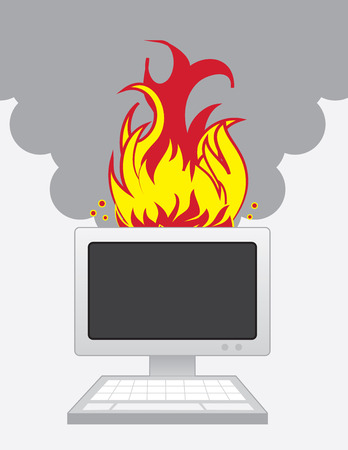 Desktop computer on fire with smokeのイラスト素材