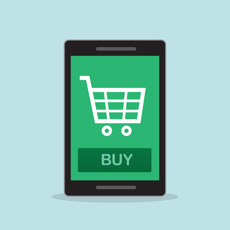 Shopping on cell phone with buy button のイラスト素材