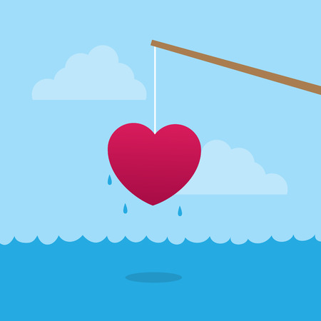 Heart hanging from a fishing pole above the waterのイラスト素材
